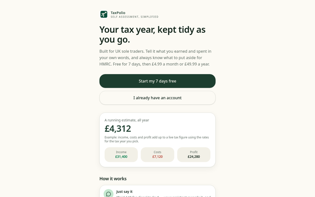 TaxPal website showing a live tax estimate dashboard for UK sole traders